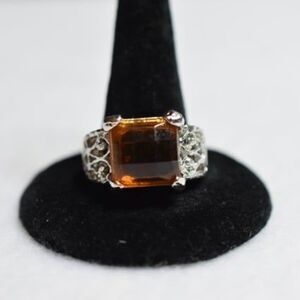 Amber Beveled Glass Center Filigree Silver Tone Band Size 12 Retro Chic Ring